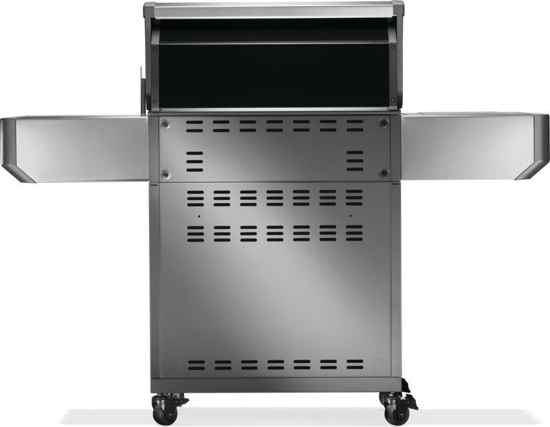 Napoleon Prestige 500 connected grill front view with open side shelves and stainless steel finish