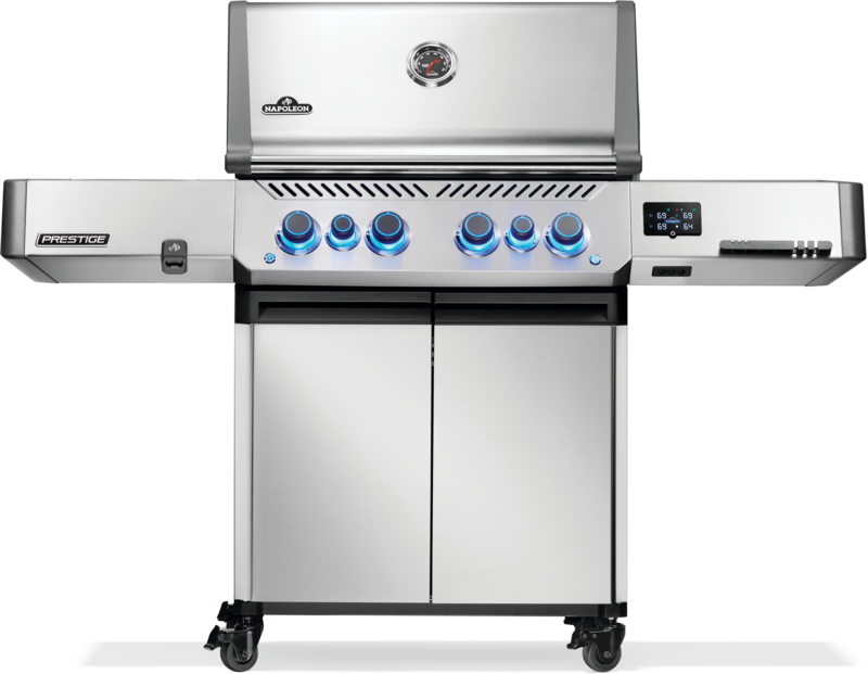 Napoleon Prestige 500 connected grill with stainless steel finish and illuminated knobs.