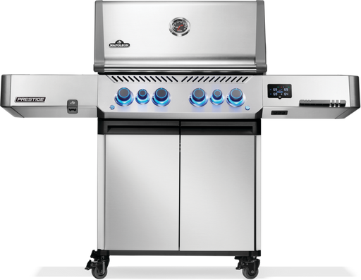 Napoleon Prestige 500 connected grill with stainless steel finish and illuminated knobs.