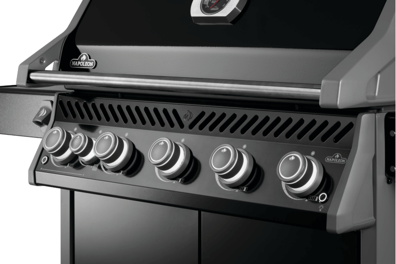 Close-up of Napoleon Rogue PRO 625 grill control panel with knobs and stylish design.