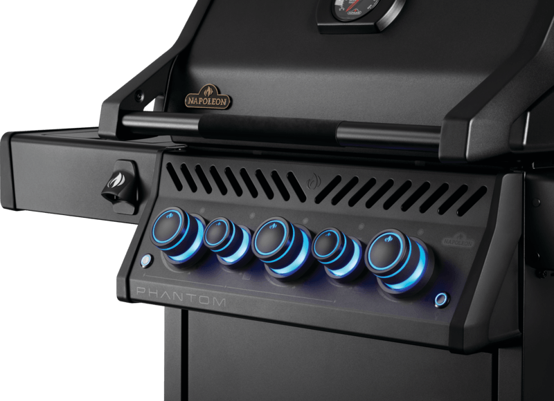 Napoleon Phantom Rogue PRO-S 425 Grill control panel with glowing knobs and a sleek matte black finish.
