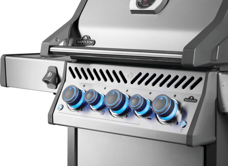 Close-up of the Napoleon Grills Rogue® PRO-S 425 grill control panel with illuminated knobs.