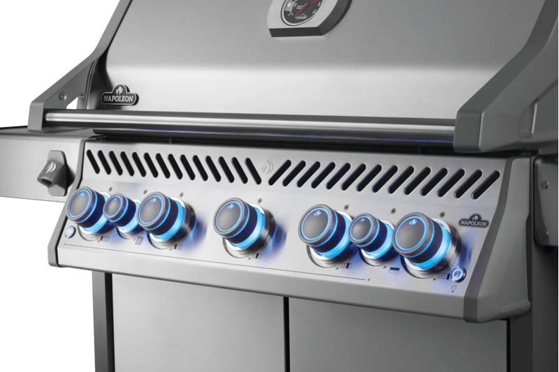 Napoleon Rogue PRO-S 625 gas grill control panel with glowing knobs showcasing premium features.
