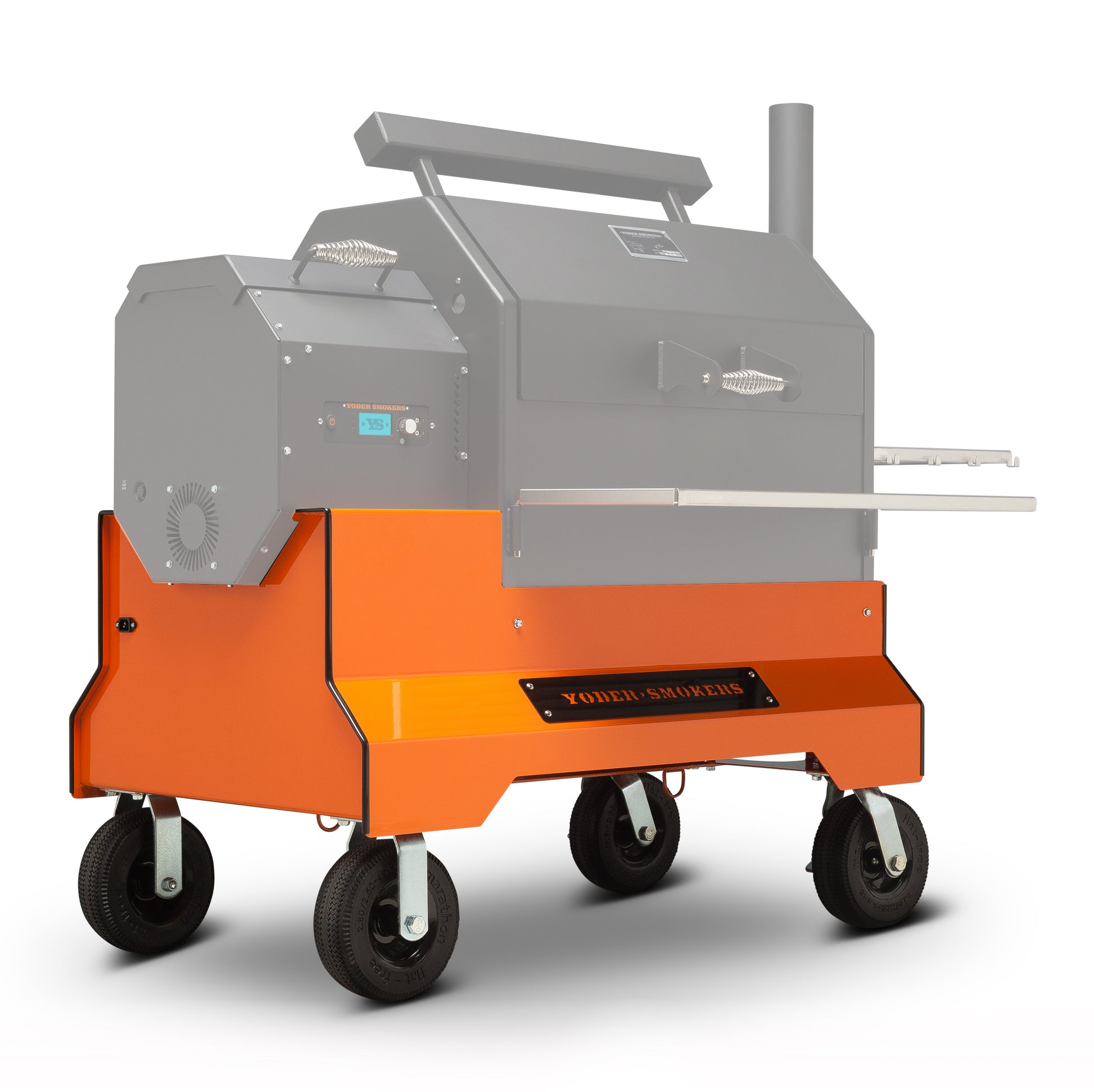 Yoder Smokers competition cart with 8" pneumatic casters for easy mobility on various terrains.