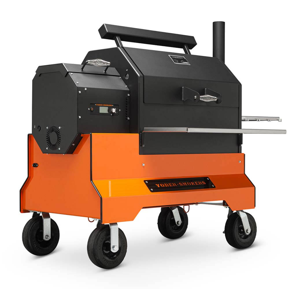 Yoder Smokers YS640s pellet grill on orange competition cart with flat-free casters