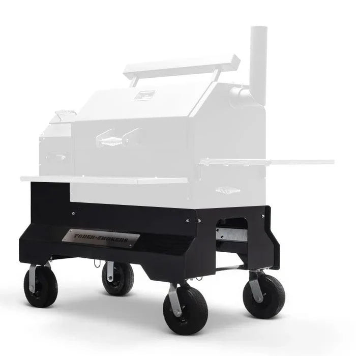 Yoder Smokers competition cart with pneumatic casters for easy movement on various surfaces.