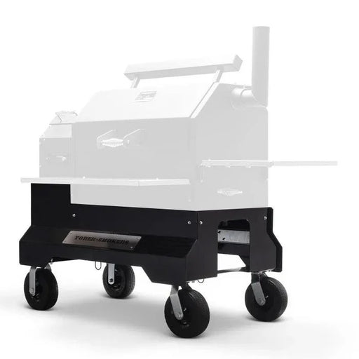 Yoder Smokers competition cart with pneumatic casters for easy movement on various surfaces.