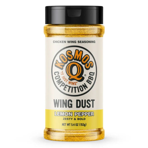 Kosmos Q Lemon Pepper Wing Dust bottle featuring lemon pepper wing seasoning for chicken wings and more.