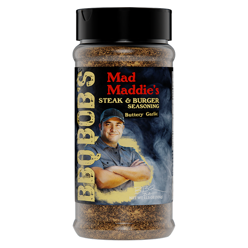 Bobby T's Mad Maddie’s STEAK & BURGER SEASONING blend for flavor-packed steak and burgers, featuring buttery garlic.