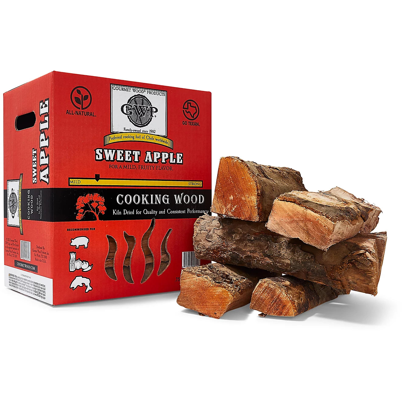 Gourmet Wood Sweet Apple Cooking Wood Splits for BBQ and grilling, gourmet apple cooking wood splits in a box.