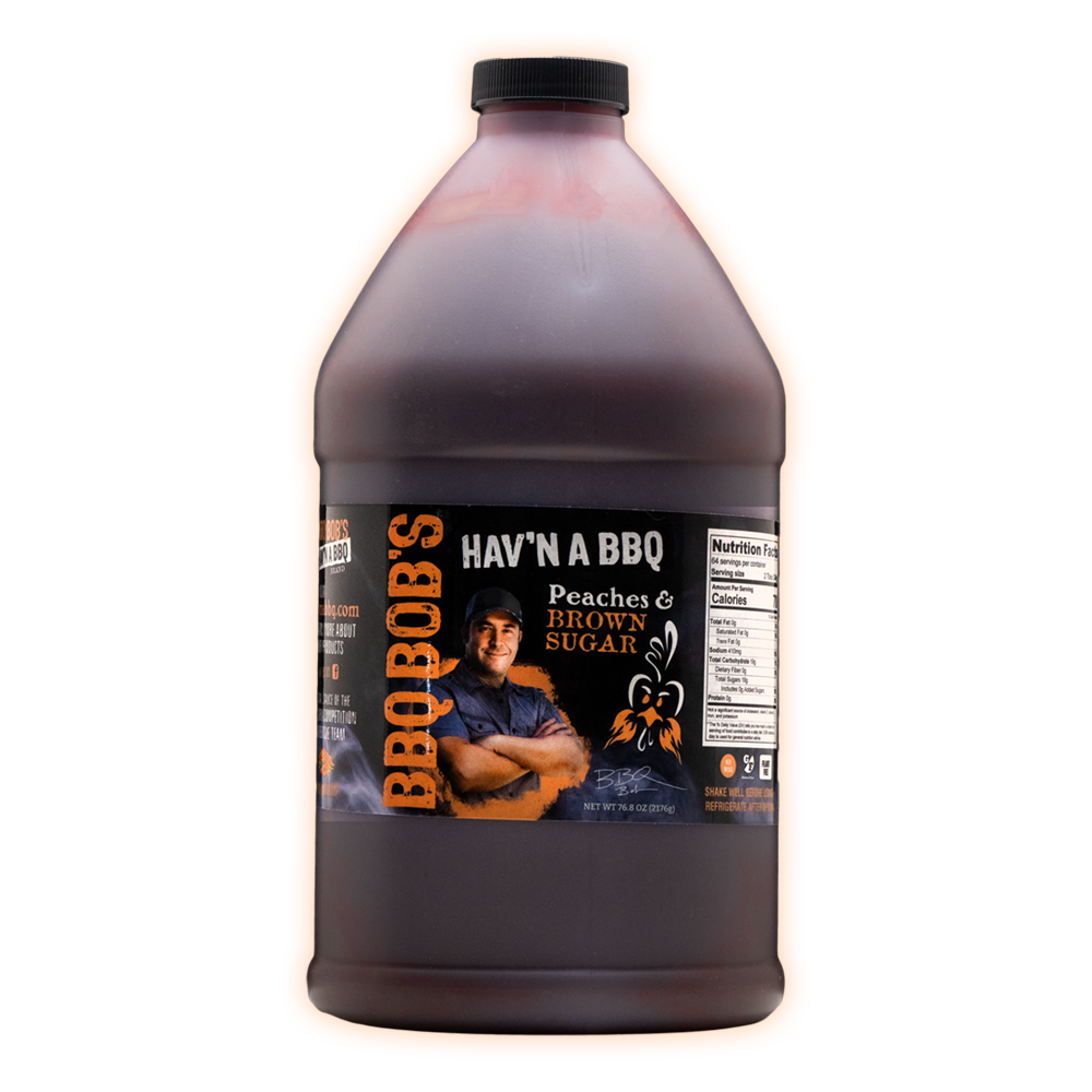 Bobby T's Peaches & Brown Sugar Sauce bottle featuring peach brown sugar sauce for BBQ lovers.
