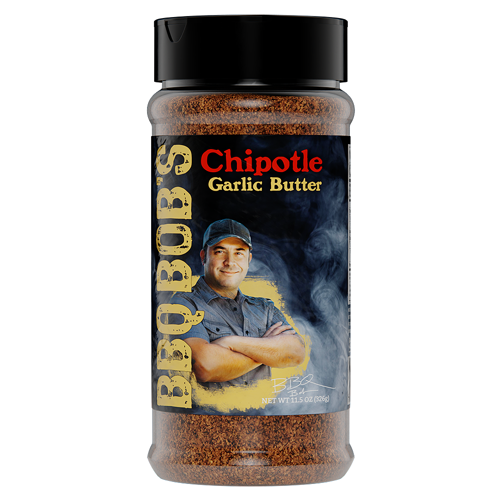 Bobby T's Chipotle Garlic Butter Seasoning bottle, showcasing its smoky flavor and garlic goodness for BBQ lovers.