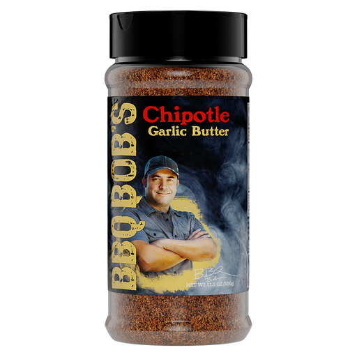 Bobby T's Chipotle Garlic Butter Seasoning bottle, showcasing its smoky flavor and garlic goodness for BBQ lovers.