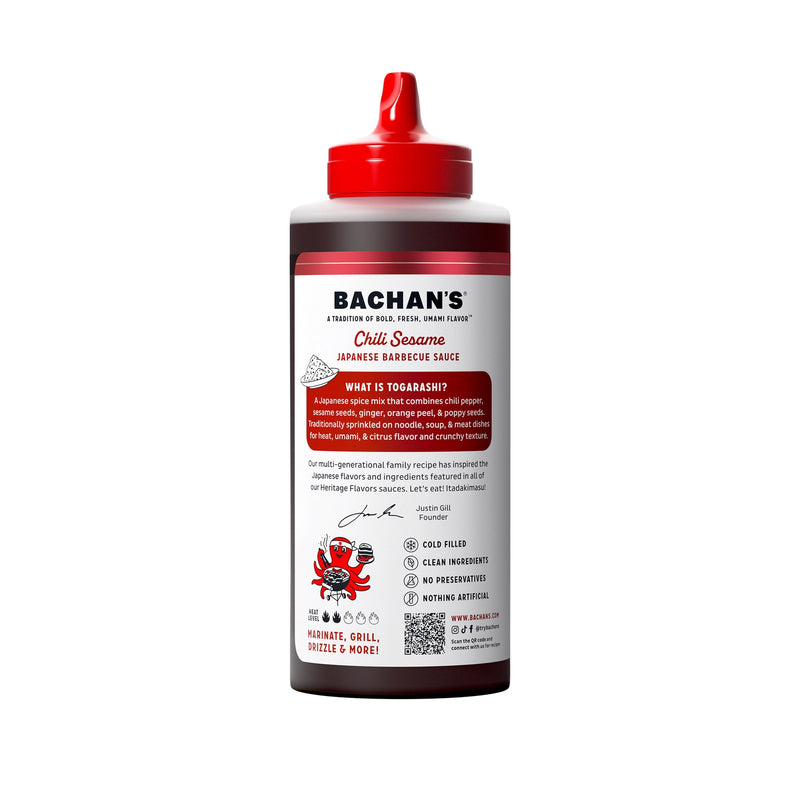 Bachan's chili sesame barbecue sauce bottle featuring bold flavors and Togarashi spice blend.