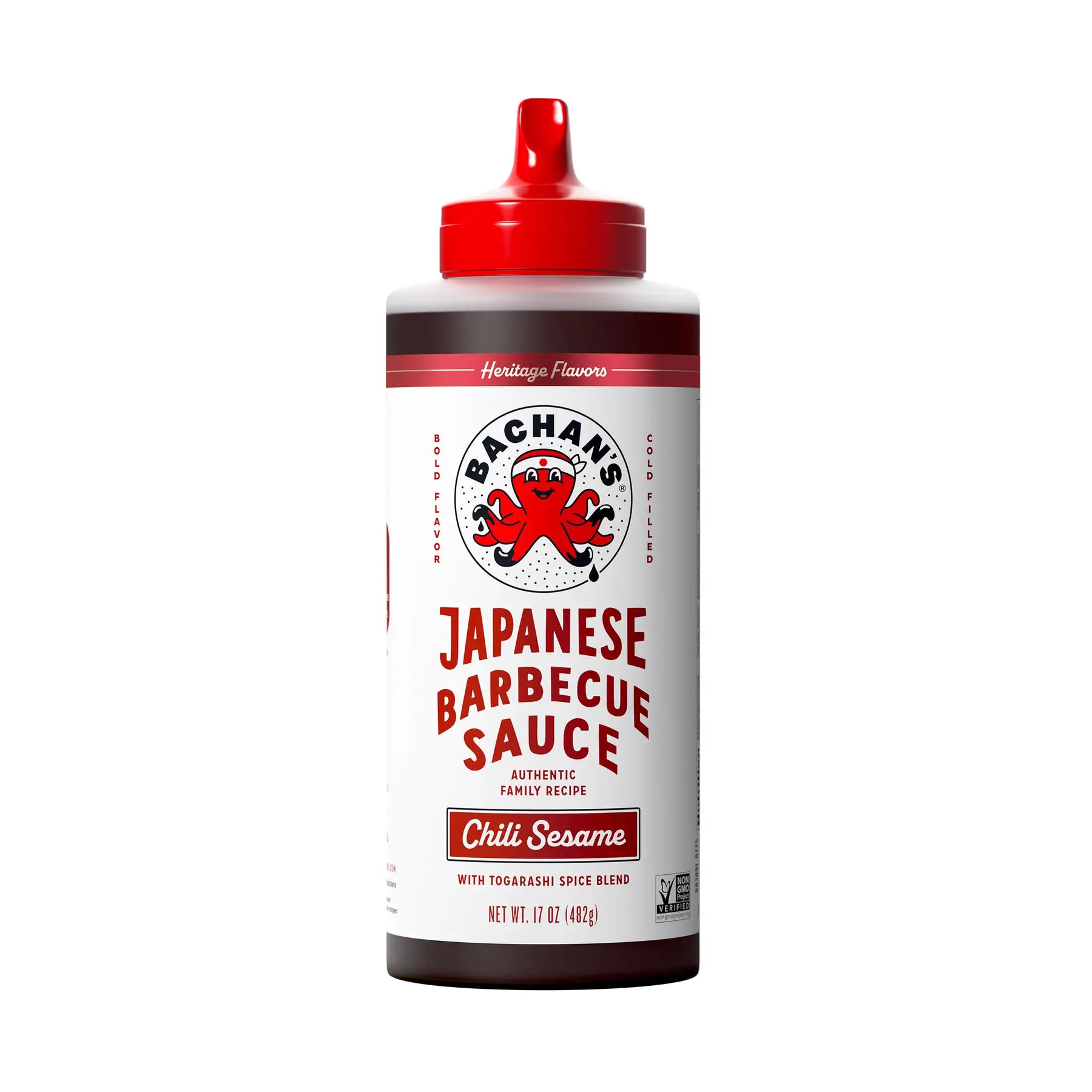 Bachan's chili sesame barbecue sauce bottle with Togarashi spice blend, 17oz size.