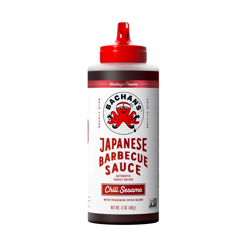 Bachan's chili sesame barbecue sauce bottle with Togarashi spice blend, 17oz size.