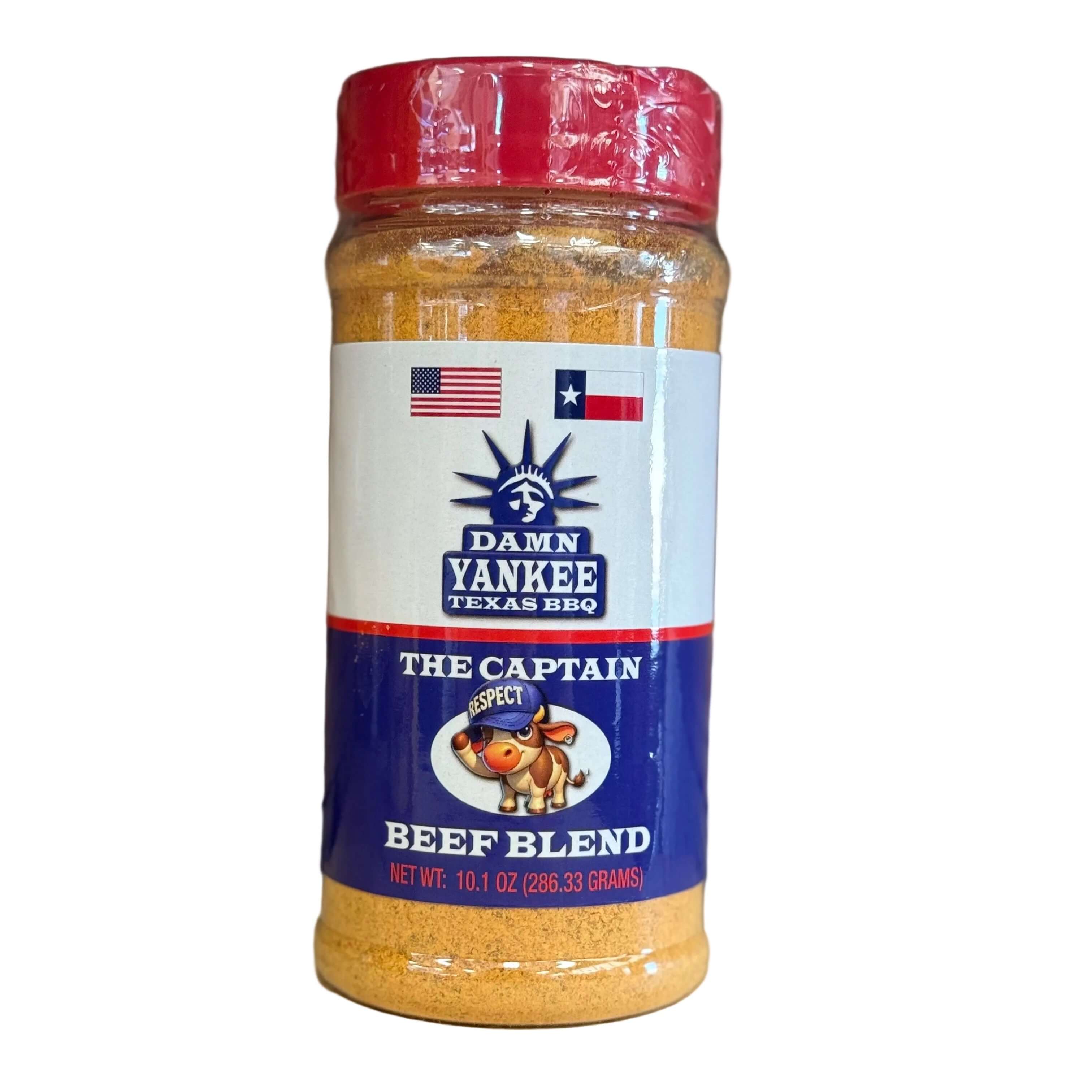 Damn Yankee Texas BBQ The Captain Beef Blend rub jar — bold black pepper and garlic seasoning for burgers, steaks, and grilled beef