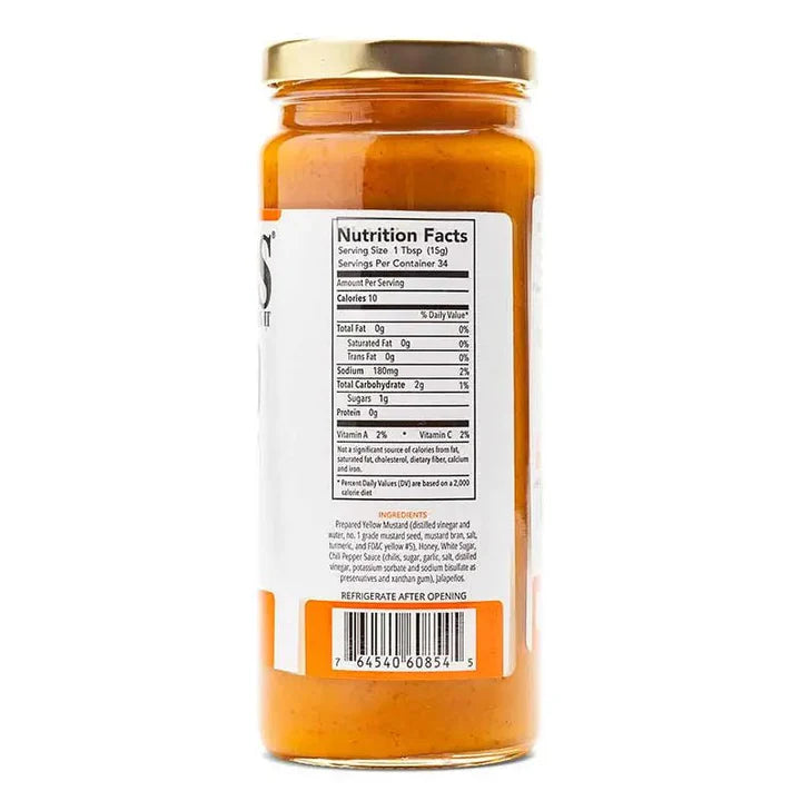 side-facing jar of Big Rick’s honey jalapeño mustard sauce for grilling and sandwiches