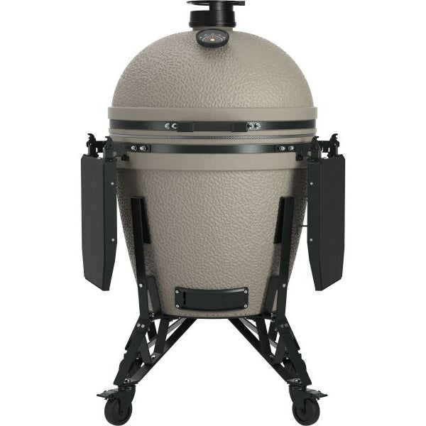 A ceramic kamado grill with a textured beige dome and black stand, shown against a plain white background.