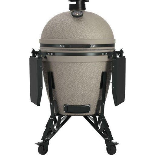 A ceramic kamado grill with a textured beige dome and black stand, shown against a plain white background.