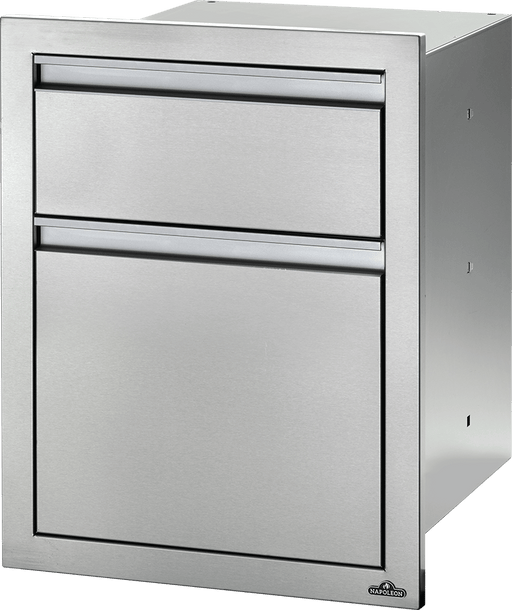 stainless steel double drawer outdoor kitchen storage with waste and recycling bins in durable construction