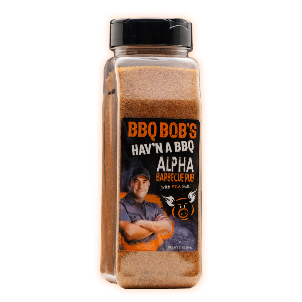 Bobby T's Hav’n a BBQ Alpha Barbecue Rub, 27 oz competition barbecue rub for grillers, featuring a rich mahogany hue.