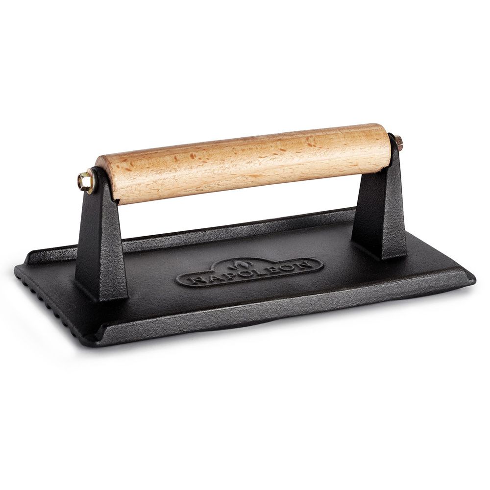 Napoleon Grills Cast Iron Chef's Press, perfect for searing meat and making crispy bacon, a must-have cast iron grill press.