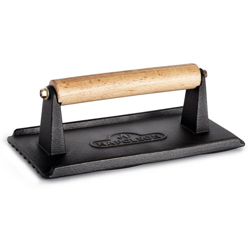 Napoleon Grills Cast Iron Chef's Press, perfect for searing meat and making crispy bacon, a must-have cast iron grill press.