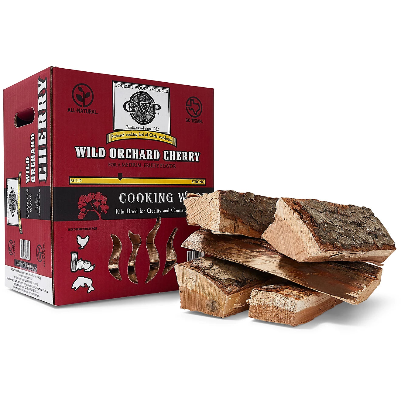 Gourmet Wood Wild Orchard Cherry Wood Splits in a box, perfect for cooking and grilling.