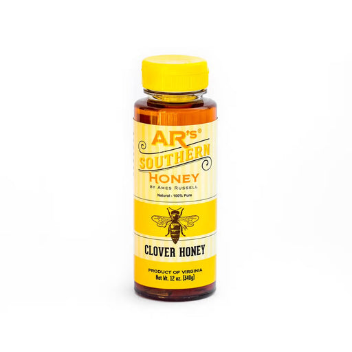 AR's Southern Clover Honey bottle, featuring pure southern clover honey, 12 oz, natural and raw, gluten-free.