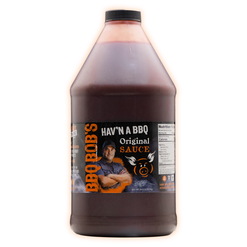 Bobby T's Original Hav'N a BBQ Sauce in a half-gallon bottle, featuring a sweet and tangy original BBQ sauce.