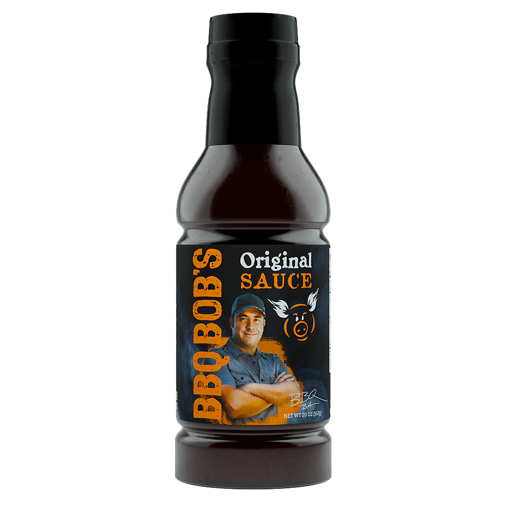 BBQ Bob's Original BBQ sauce bottle, 20 oz, perfect for grilling and barbecuing with a sweet and tangy flavor.