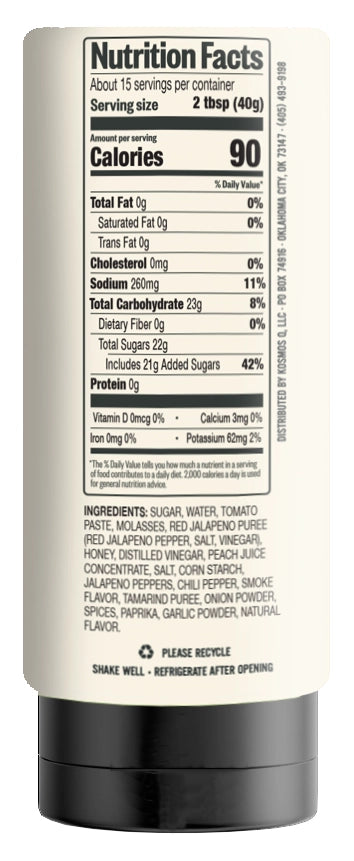 Nutrition facts for Kosmos Q Sweet Apple Chipotle BBQ Sauce showing calories and servings.