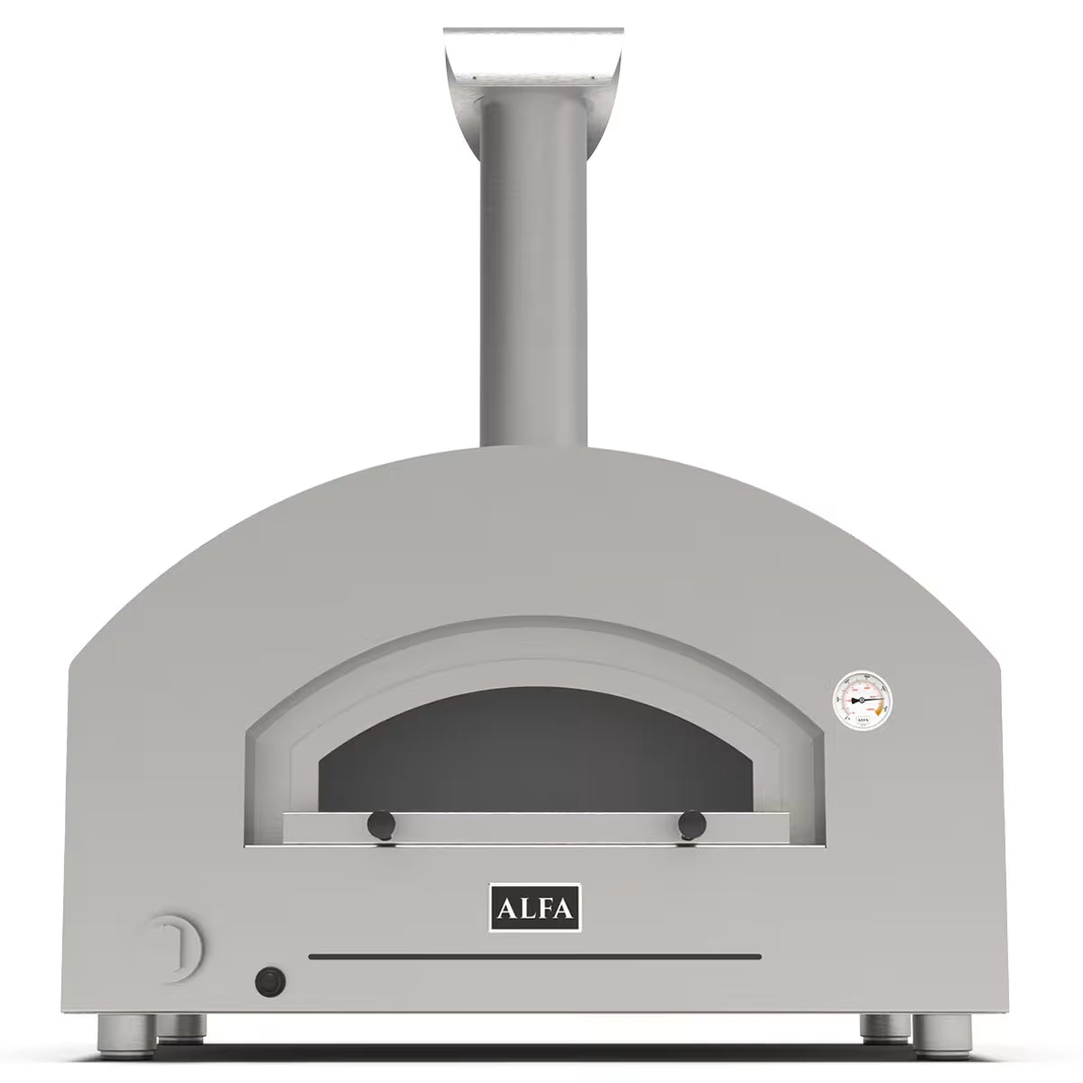 Gas pizza oven Alfa Futuro showcasing a handcrafted stainless steel design and large glass door.