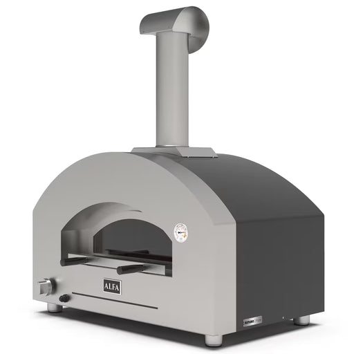 gas pizza oven Alfa Futuro with stainless steel finish, ideal for outdoor kitchens, cooks 2 pizzas in 90 seconds.
