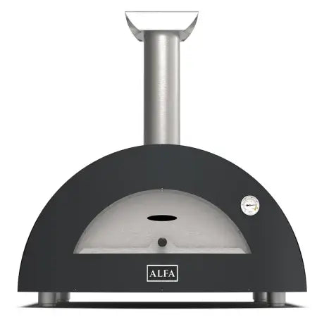 Alfa Moderno 3 Pizze pizza oven, a gas pizza oven for modern outdoor cooking, sleek design with stainless steel chimney.
