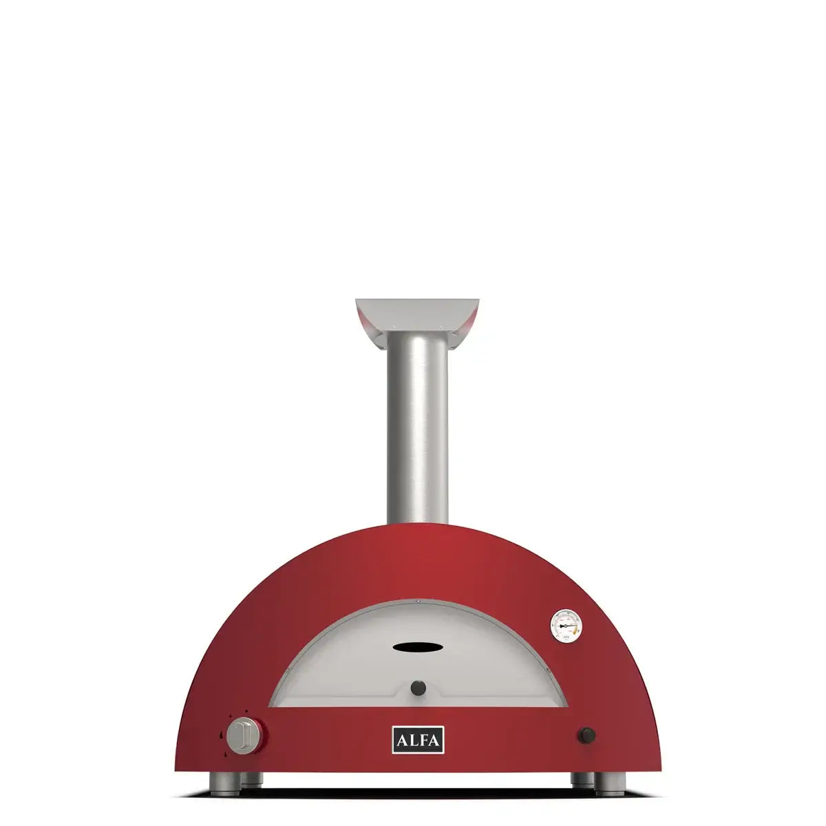 Alfa Moderno 3 Pizze compact wood fired pizza oven in ruby red finish, designed for modern outdoor spaces.