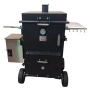 Black smoker grill on wheels in a room with a red brick floor and beige walls.