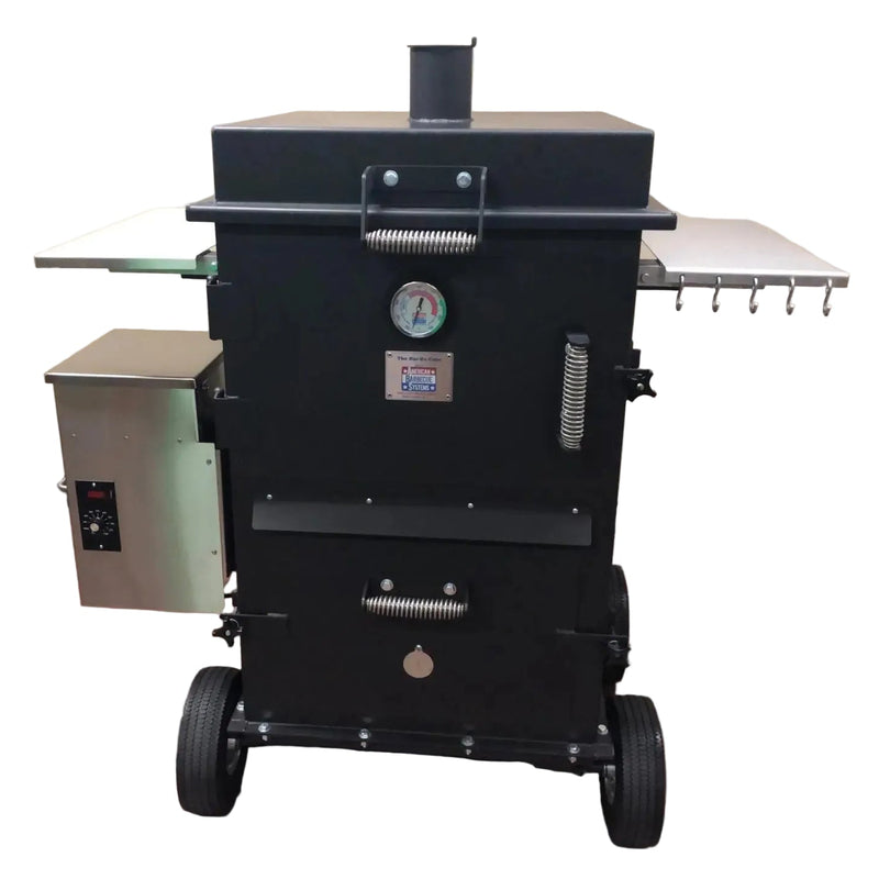 Black smoker grill on wheels in a room with a red brick floor and beige walls.