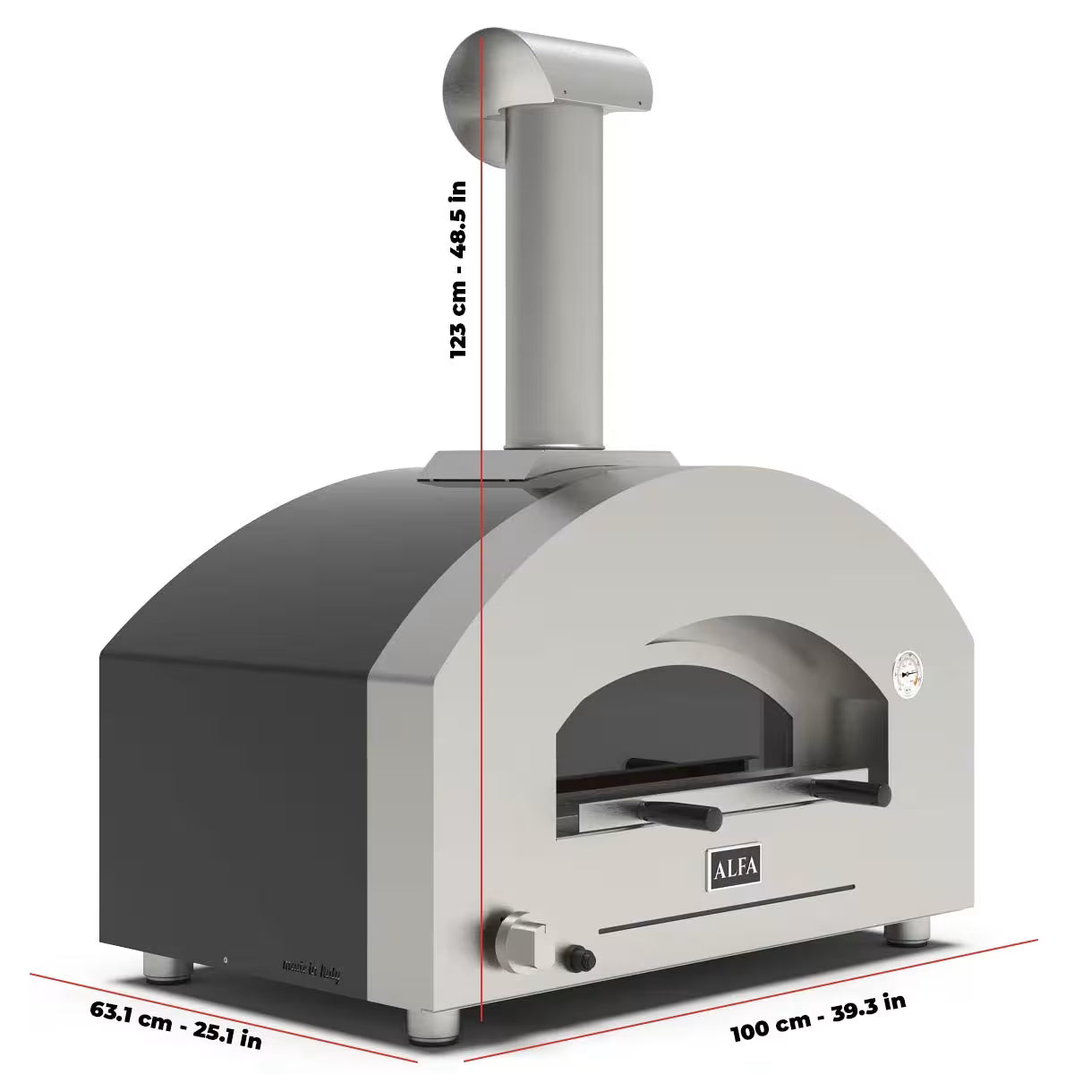 Alfa Futuro 2 Pizze gas pizza oven Alfa Futuro with dimensions displayed for easy reference.
