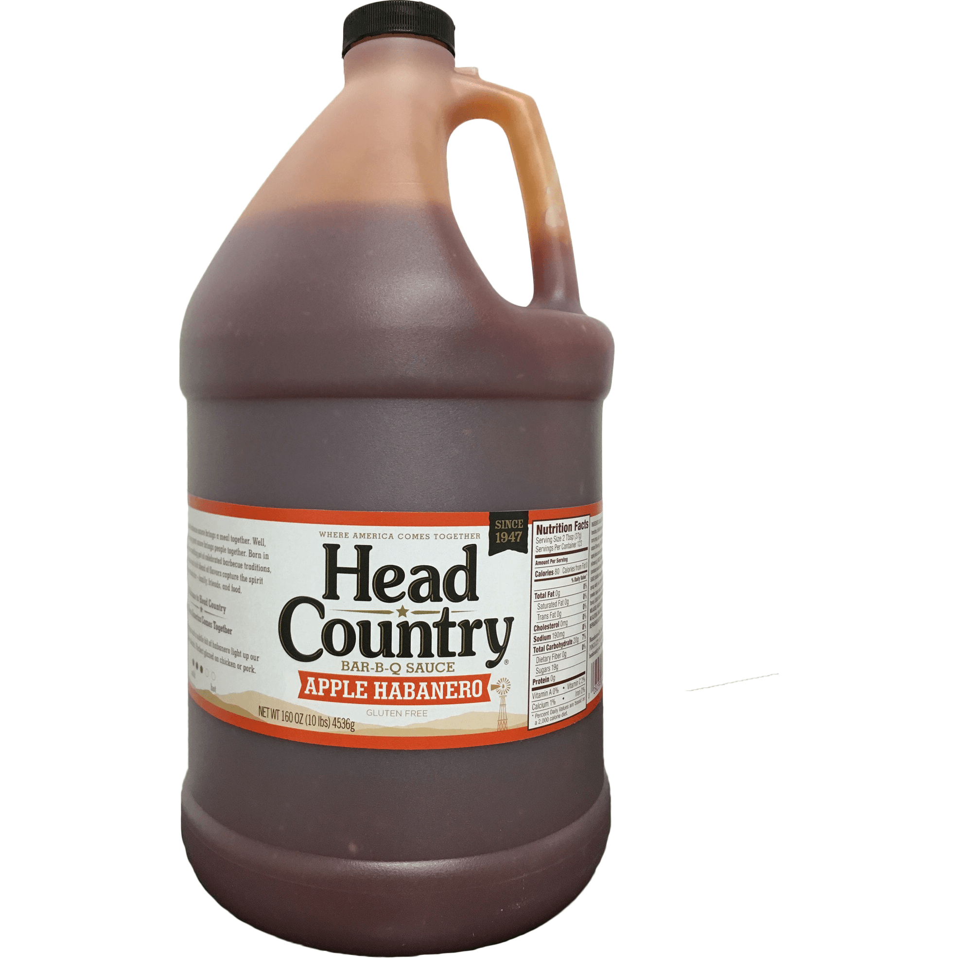 Head Country apple habanero BBQ sauce in a gallon jug, perfect for adding sweet and spicy flavor to grilled meats.