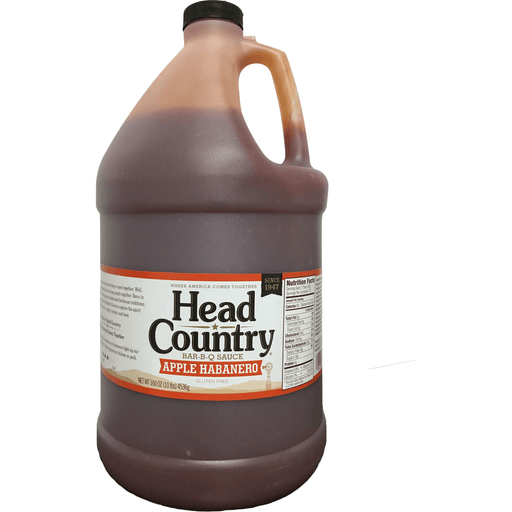 Head Country apple habanero BBQ sauce in a gallon jug, perfect for adding sweet and spicy flavor to grilled meats.