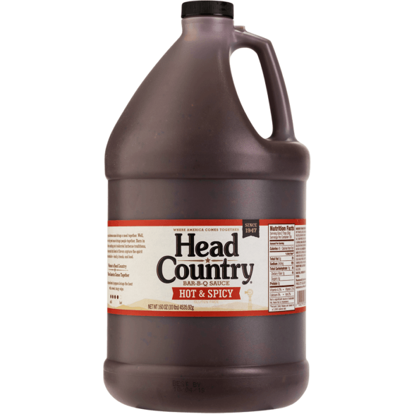 Head Country Hot & Spicy BBQ Sauce in a gallon jug, perfect for bold flavor and heat in every meal.
