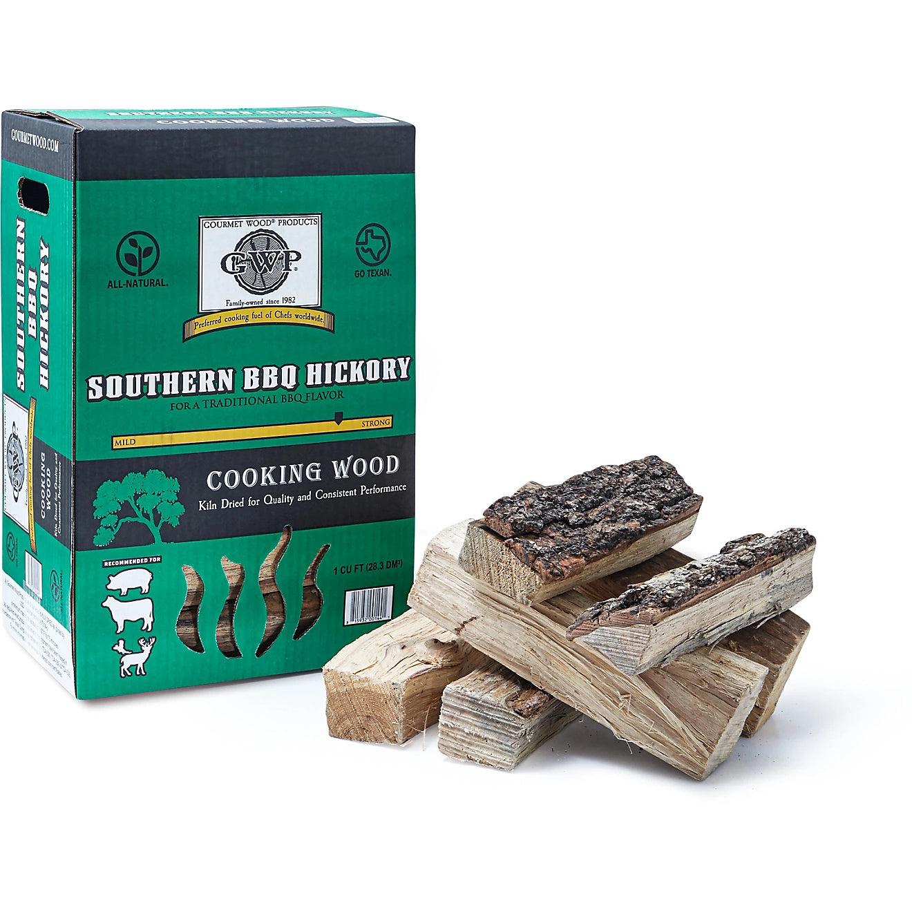 Gourmet Southern BBQ hickory wood splits in packaging for traditional grilling and smoked flavor.