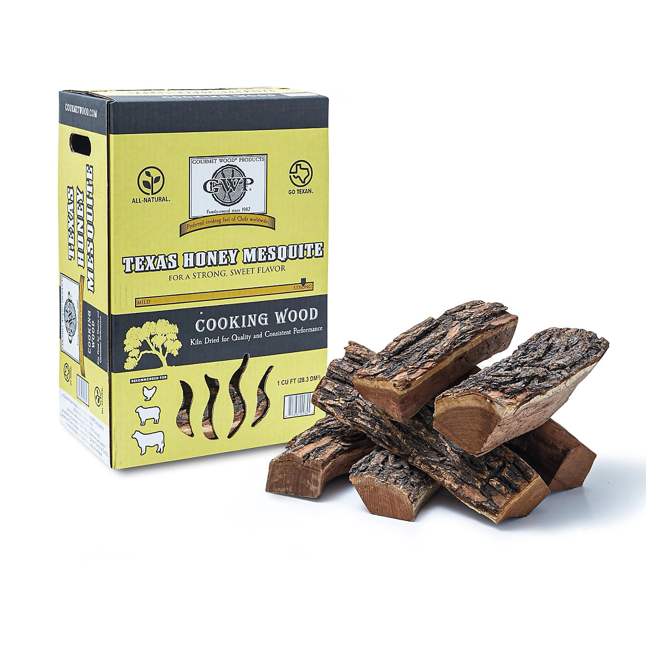 Texas honey mesquite wood splits in a box with logs for intense cooking flavor.