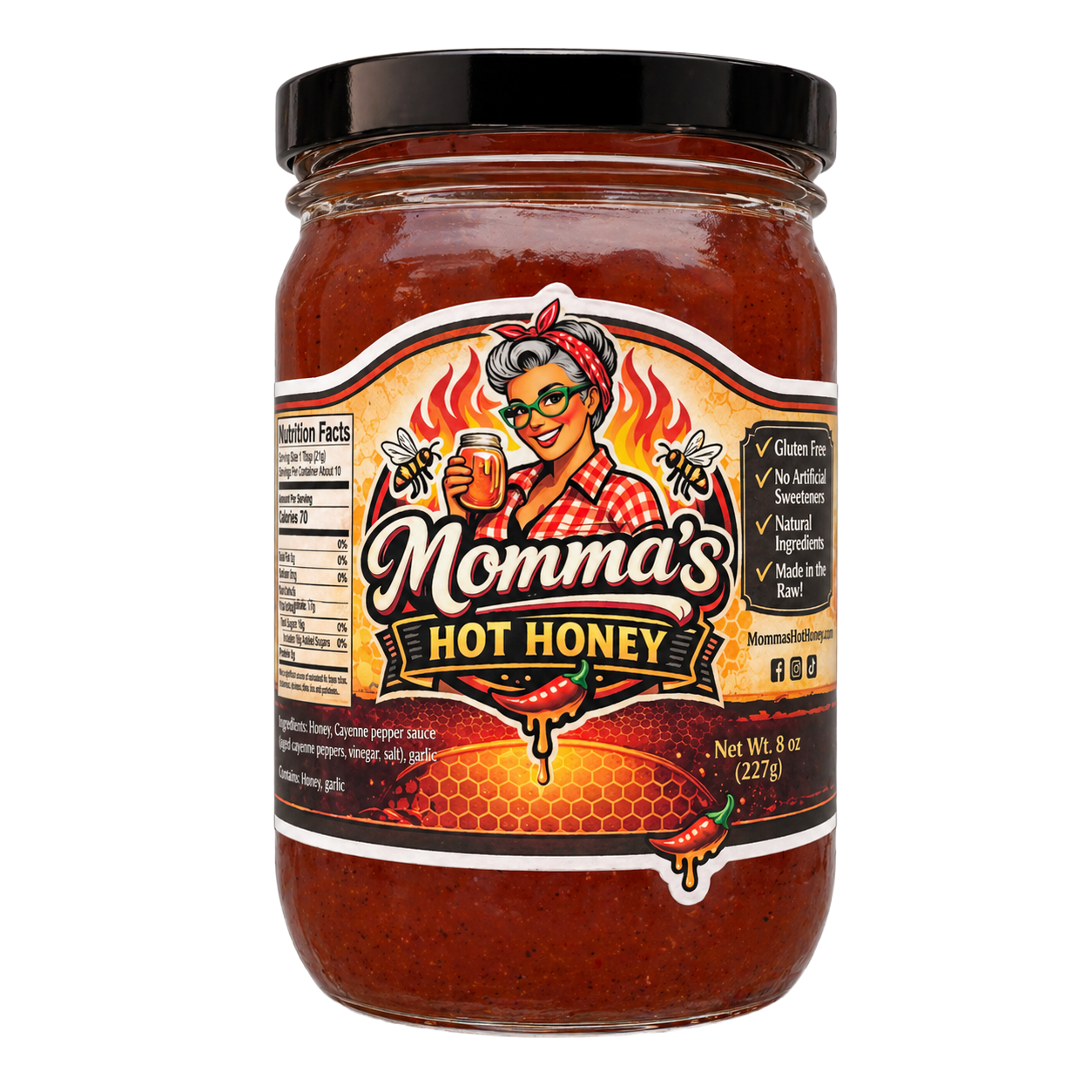 Mommas hot honey drizzle jar showcasing its sweet and spicy blend with natural ingredients and vibrant label.