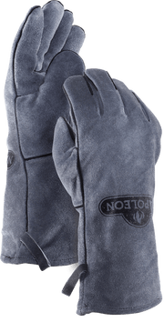 Genuine grey cowhide leather BBQ gloves with reinforced stitching for heat protection and comfort.
