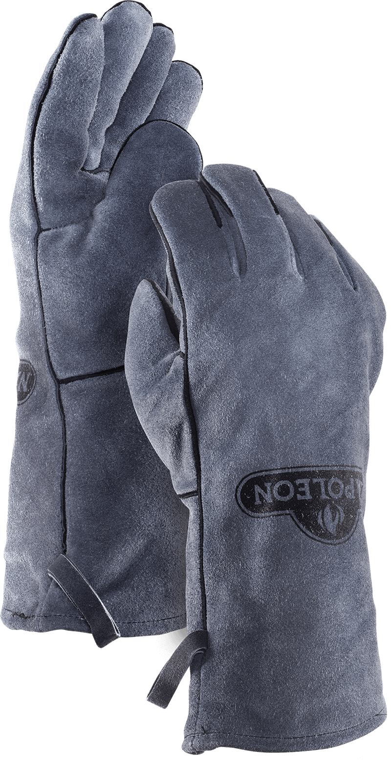 Genuine grey cowhide leather BBQ gloves with reinforced stitching for heat protection and comfort.