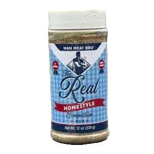 Man Meat BBQ Homestyle BBQ Rub bottle, 12 oz, featuring classic seasoning for delicious BBQ dishes.