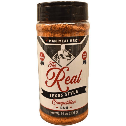 Man Meat BBQ The Real Texas Style Competition Rub bottle showcasing authentic Texas style BBQ rub for beef.